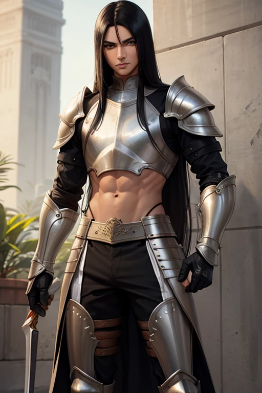 Male human, Indian, slim, toned, long black hair, hazel-green eyes. Wearing steel full-plate armor with helm.