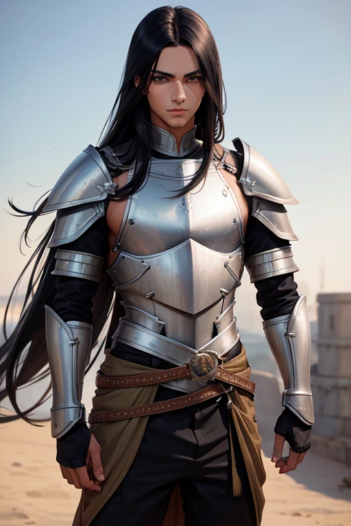 Male human, Indian, slim, toned, long black hair, hazel-green eyes. Wearing steel full-plate armor with helm.