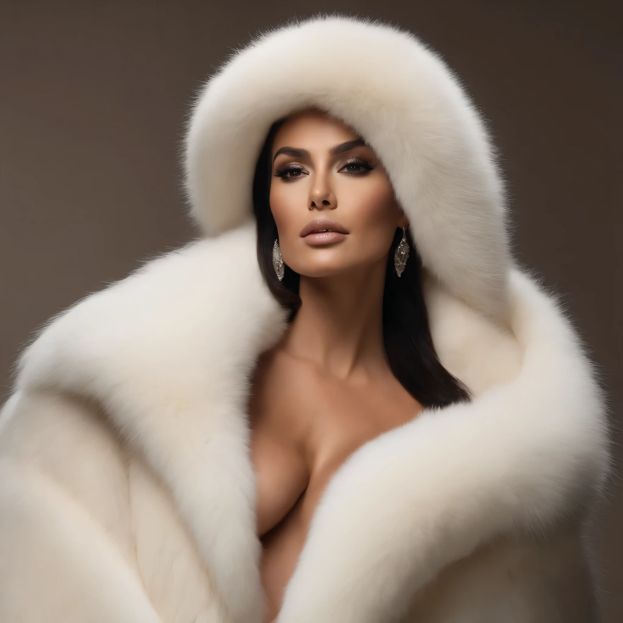 A very wide and very thick, manteau de fourrure extra long, en vison blanc, fifty centimeters thick, duveteux, naturel, with an ultra thick white mink fur collar, three layers, sur Kim Kardashian, fully  profile view, she shows at Milan fashion week,  shoulders, and two large breast discovered by the fur, 