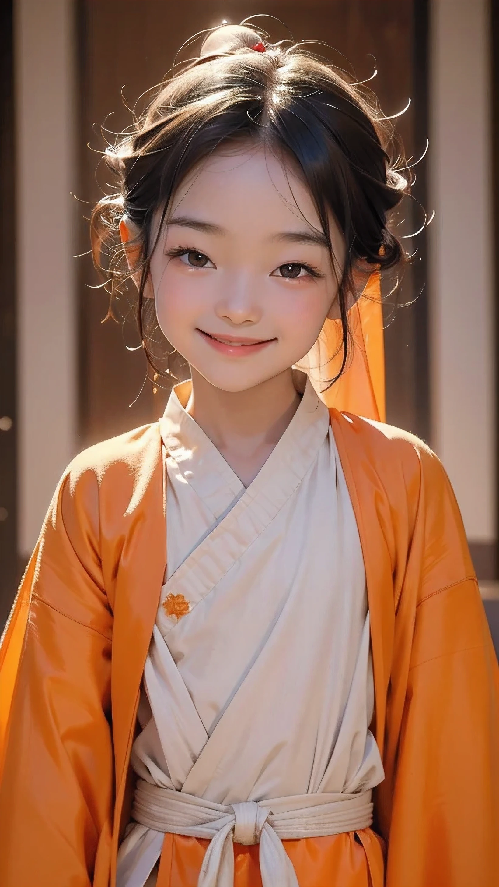 3-6 years old Chinese girl, wearing loose monk costume, a long string of Buddhist prayer beads hanging around her neck,smiling,facing the camera, blurring the background