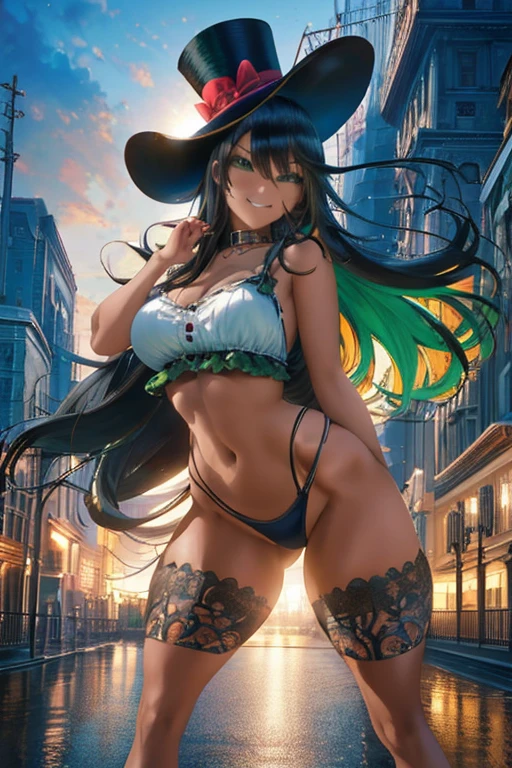8k_wallpaper, extremely detailed eyes, extremely detailed body, (large masterpiece digital art), (detailed manga illustration), (detailed line art), ((perfect anatomy)), (intricate details:1.3), (ultra-detailed:1.3), (illustration:1.3), (sharp focus:1.3), (natural lighting:1.05), (vivid colors:1.3), (masterpiece), (best quality:1.4), (perfect anatomy:1.4), high quality, expressive eyes, full body, detailed face, beautiful face, perfect face, 1girl, tan skin, smile, breasts, solo, black hair, large breasts, curvy, wide hips, long hair, ((green eyes)), grin, collar, dynamic pose, hair over eye, regal outfit, formal,  tiny top hat, (cityscape background),
