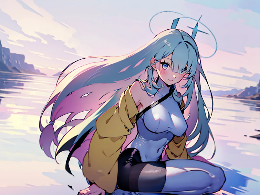 highest quality,detailed description,Full body Esbian,full body,Leotard sneak peek, Kung Fu Pose,dramatic,spread your legs,sweaty, masterpiece, highest quality, Super detailed, GSC Chairman, Hello, colorful hair, hair above one eye, blue eyes, Single-edged, bangs, big clothes, yellow jacket, wide sleeve, sleeves go above the wrist, Grey leotard, Grey pantyhose, boots, one leg pantyhose, thigh strap elegant, 1 girl, cute, blushed, looking at the viewer, beautiful eyes, beautiful background, particles of light, Light of the sun, dramaticな照明, outside, shiny, realistic, highest quality, Super detailed, get used to it, scenery, beautiful and detailed eyes, thin hair,