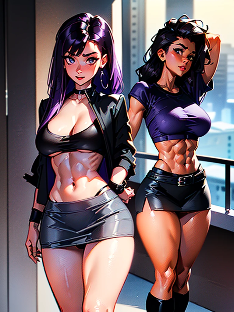 1990s, (masterpiece), high-definition, detailed face, cute girl, abs, (big tits: 1.4) big hips, round ass, (black hair with dark purple highlights: 1.4), (tight grey t-shirt: 1.4), (black jacket: 1.4), (purple tight skirt: 1.3), belt, (black thong: 1.2), thigh high stockings, boots, fishnet, pin-up pose, balcony