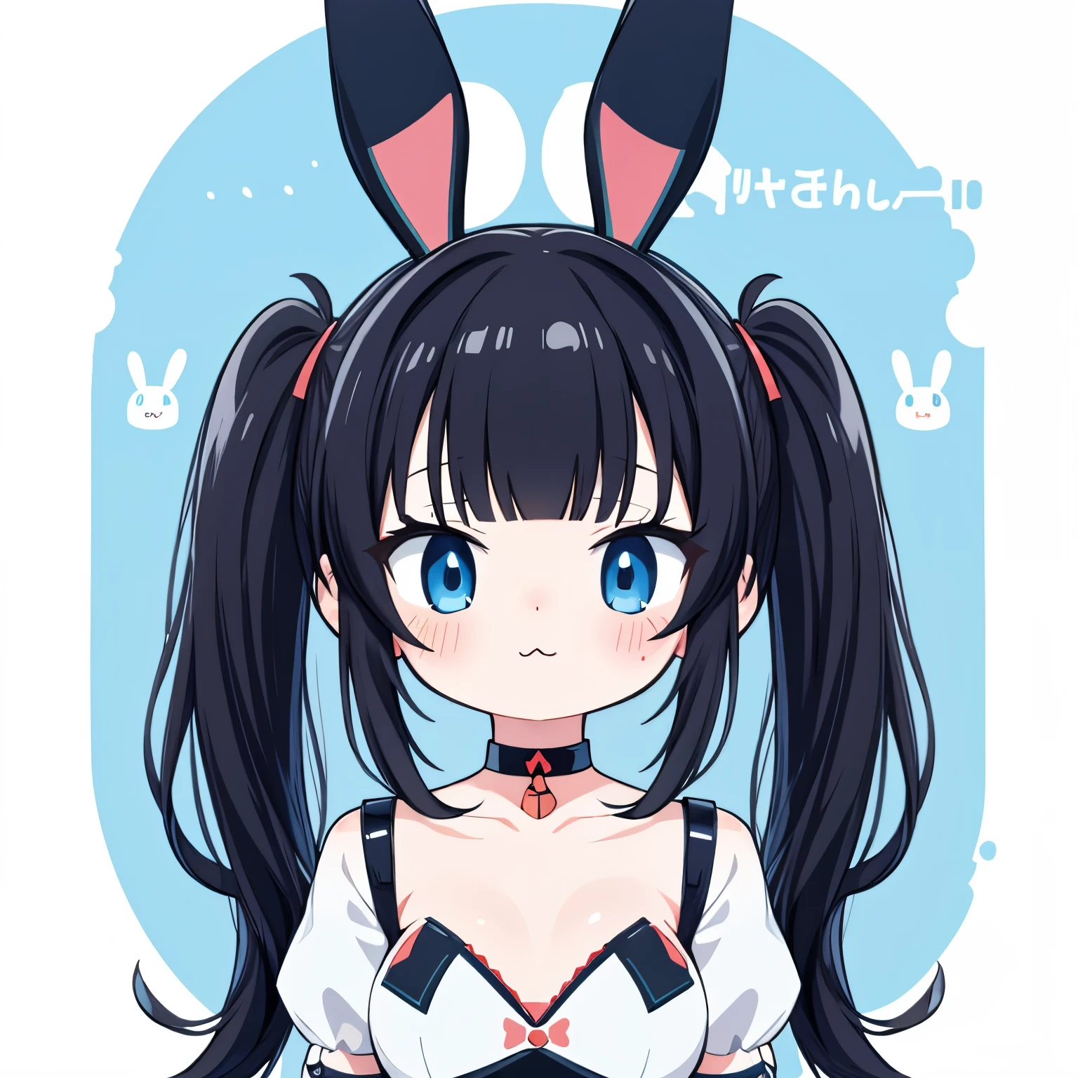 masterpiece, best quality, absurdres, illustration, black,Cyber Punk,
1 girl, playboy bunny, anime character, kawaii, cute, fuwafuwa,black hair,twin tail hair, blunt bangs,blue eyes, choker,
postcard,