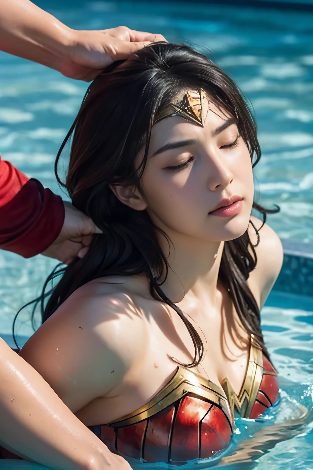 in water,perfect wonder woman costume,whole body,Having your head held down under water,Being submerged in a pool,Drowning in the pool,Face submerged in water,in waterに潜る,Submerge your face in water,inside the pool,Inside the fountain,Soaked in water,Soaking wet wonder woman,sleeping face,Close ~ eyes,open your mouth,tired face,face of suffering,sleeping face,soaking wet hair,Soaked Hair,wet body,fight the men,surrounded by men,,caught between men,Being licked by men,Intertwining with men, Attacked by men,assaulted by men,Being bullied by guys,being sexually abused by a man,Captured by a man,Being detained by a man、touch your face,、Hair is pulled hard,My head is grabbed,Grab my head,brown hair,  masterpiece、beautiful girl、fine 目、puffy eyes、highest quality, 超High resolution, (reality: 1.4), movie lighting,super beautiful、beautiful skin、(超reality的な)、(High resolution)、(8K)、(very detailed)、(beautiful and fine 目)、(Super detailed)、 detailed face、slanted bangeshi hair、brown hair、20-year-old、Wonder Woman Cosplay