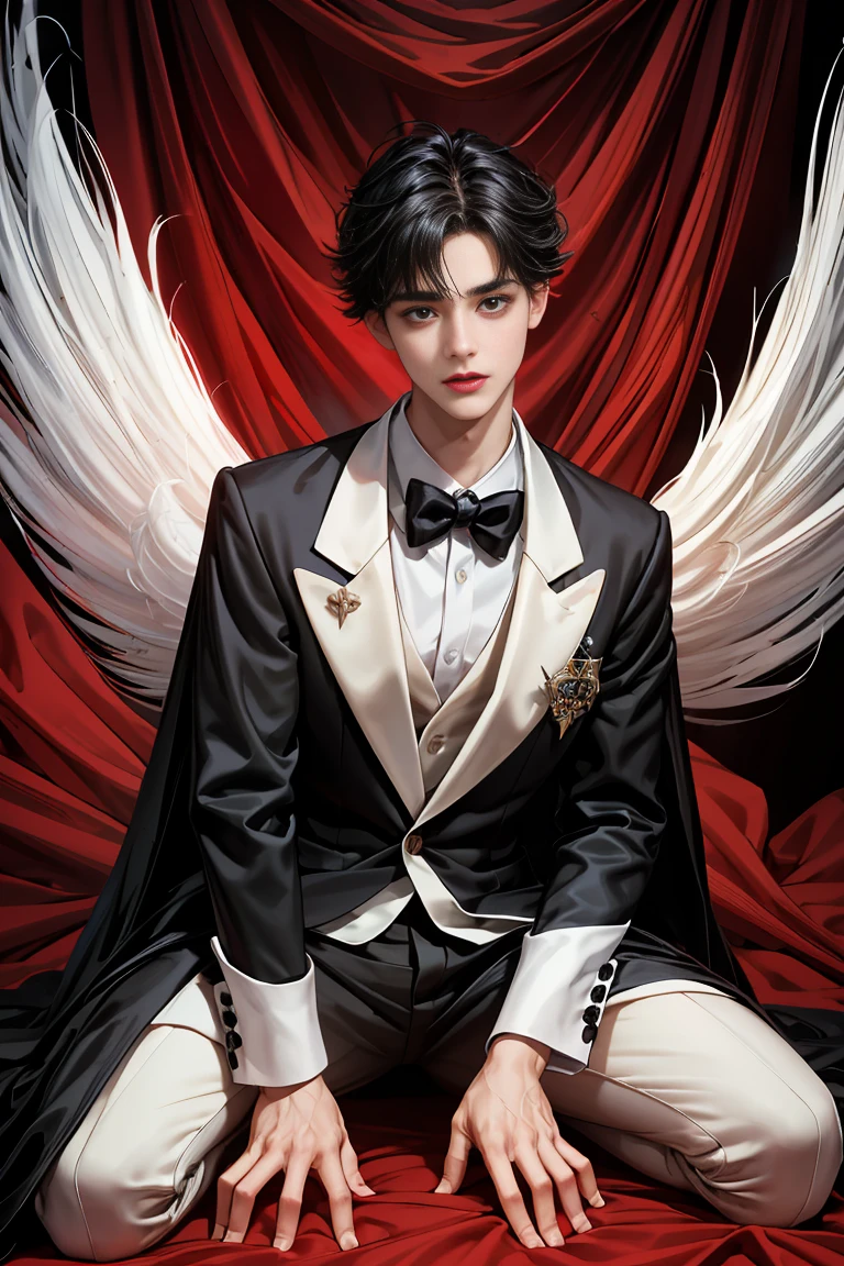 masterpiece, 最high quality, high quality, 1 boy, alone, male focus, looking at the viewer, Messy black hair, blue adorable big eyes, white people, Noble, Noble, beautiful angel、Big Feather、tuxedo、A very big, very big, very big, very long, long red and black cape made with a lot of fabric that reaches all the way down to the floor, 17 years old,cute beautiful boy,cute cute handsome boy