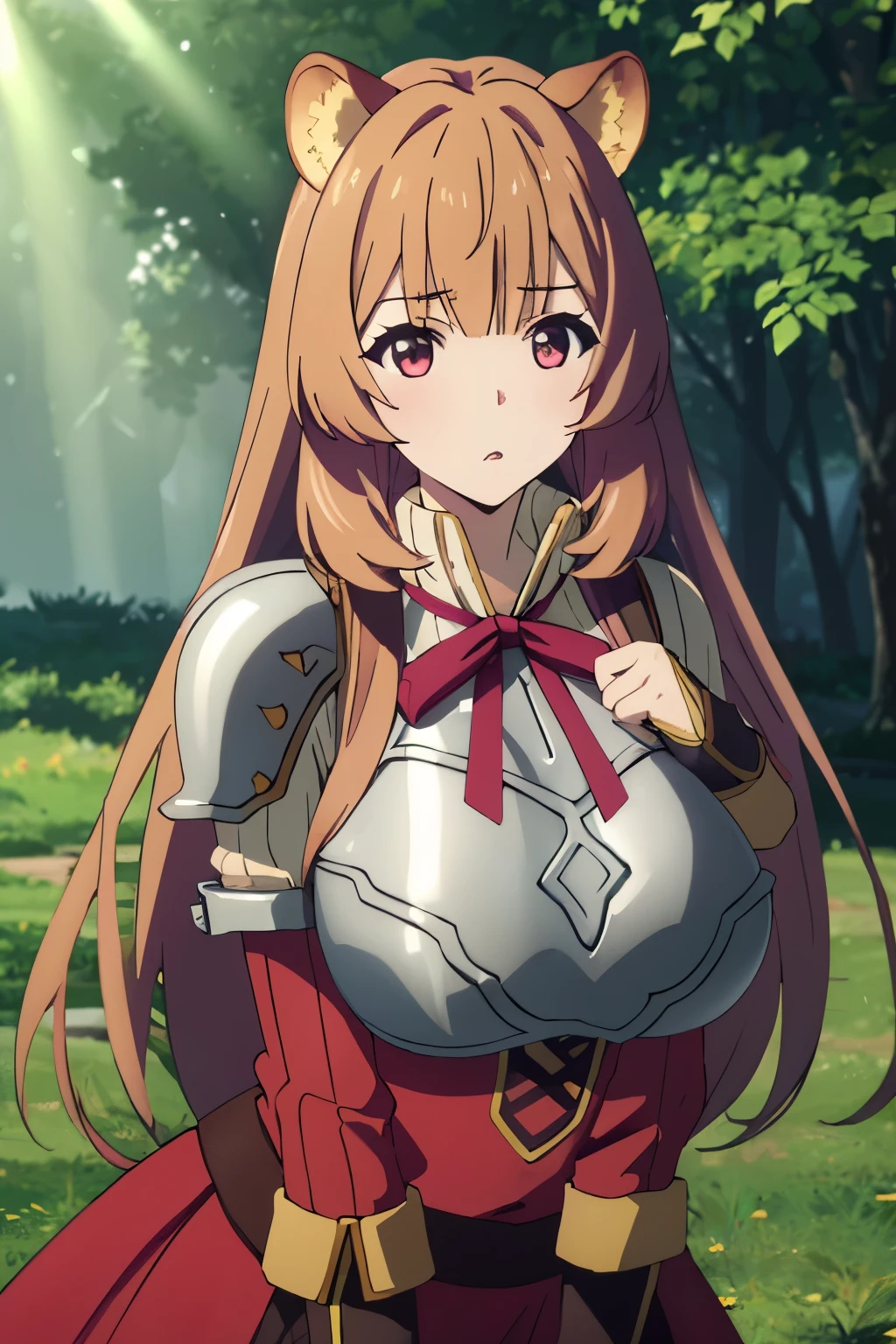 photorealistic, (4k), depth of field, (Masterpiece), (realistic skin texture), extremely detailed, intricate, hyper detailed, professional photography, bokeh, high resolution, sharp detail, best quality, girl, raccoon girl, raccoon ears, animal ears, long hair, brown hair, bangs, red eyes, armor, breastplate, sweater, ribbon, long sleeves, red dress, skirt, dynamic pose, shushing, forest, forest clearing, light rays, huge breasts, volumptuos body, big nipples, big tits, sexy, breast focus,using her original outfit
