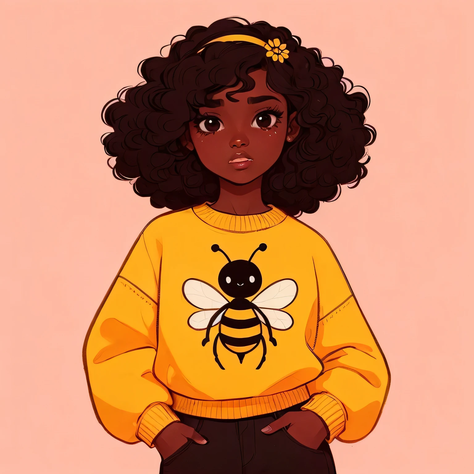a drawing of a girl with a bee on her sweater, adolescente negra, baseado em abelha, estilo de arte fofo, vestindo mel, fanart detalhada, garota negra, Character illustration, cartoon style illustration, arte detalhada fofa, Cabelo ondulado tema amarelo, official illustration, jovem negra, arte digital detalhada fofa, arte fofa, colorful illustration, garota treinadora de insetos