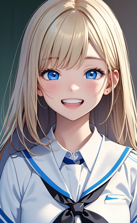 (realistic:1.4、masterpiece、top-quality、8k size wallpaper、offcial art)、(portrait,upper body:1.6)、(1girl),(grin,Open mouth:1.3),(half closed eyes),cute face,blue eyes、()、
,(stand),(Shining smile),(round face:1.3),
,(slender),(school uniform),(long fluorescence blonde hair1.3), (small breasts)、
、fluorescence、classroom,JK、