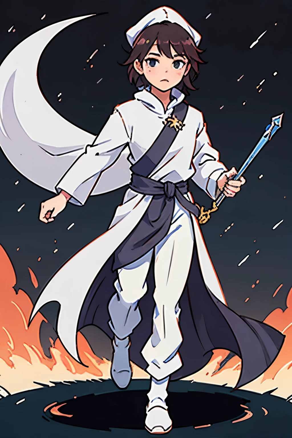 Desenho estilo anime de um menino de 10 anos, com olhos azuis. He is wearing a big pointy wizard hat, a long gray tunic with red details that covers from neck to toe. His hands are hidden in his tunic pockets. The background should portray you in a scene alone. The image must be in high definition (HD) e ter qualidade 8K.