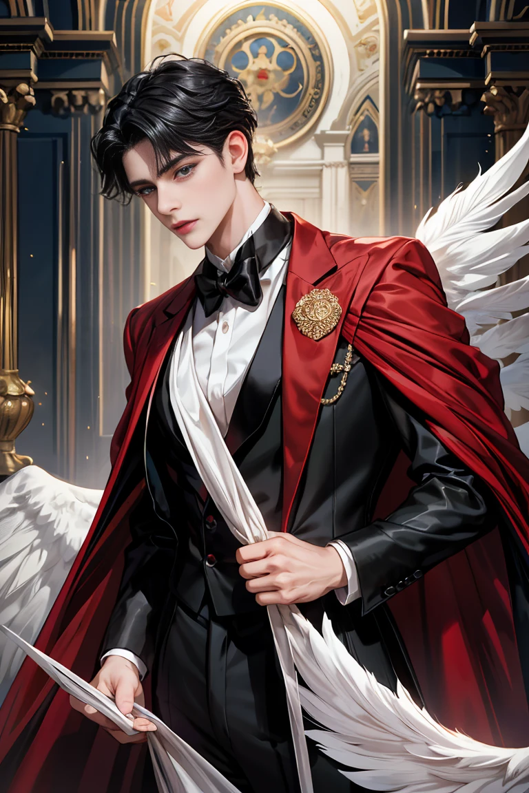 
masterpiece, 最high quality, high quality, 1 boy, alone, male focus, looking at the viewer,  Messy black hair, blue adorable big eyes, white people, Noble, Noble, beautiful angel、Big Feather、The tuxedo was accompanied by a very large, very large, very long, long red and black cape made of a huge amount of fabric that reached all the way down to the floor., ,cute beautiful boy,cute cute handsome boy