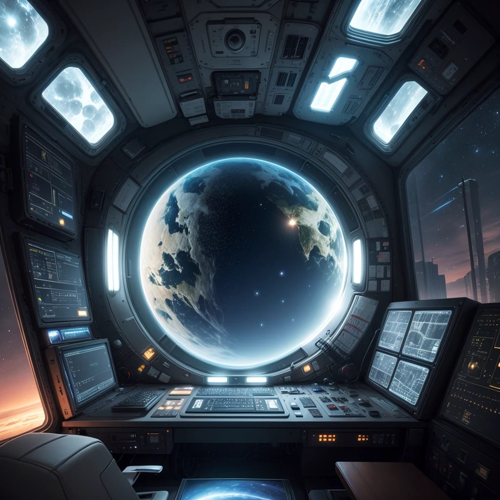 Exterior de una nave espacial. Through the windows, You can see the landscape of an alien planet, The entire space is filled with work consoles with electronics and screens, escenario oscuro del espacio, full HD