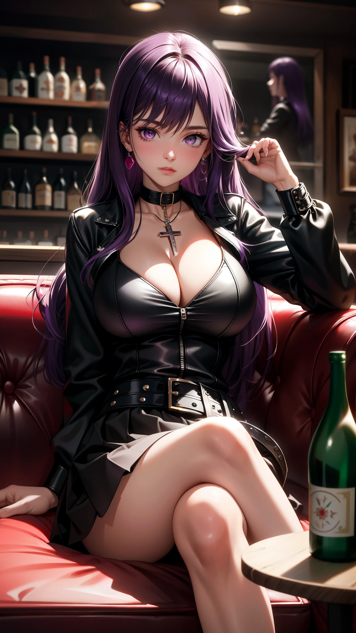 (best quality:1.1), (Masterpiece:1.2), High quality shadow, beautiful details, Beautiful face, Detailed eyes, depth of field, high resolution, best shadow, best light, 1 girl, see the audience, shiny purple hair, smooth, blunt, long hair, ruby pink eyes, shy, Very big breasts, pump, Single strap shirt, black leather jacket, black leather skirt, table, glass, liquor bottle, night time, rift, Lonely eyes, pub bar background, sexy woman, cold, pov, Cool Woman ,ear jewelry, cross-legged sitting, sofa