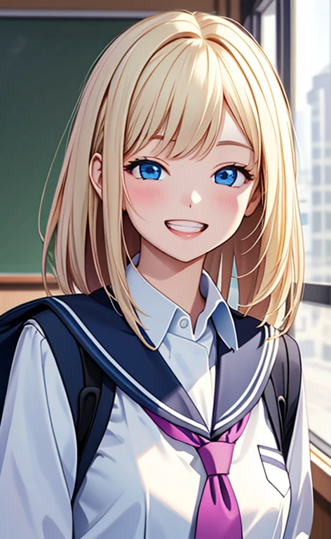 (realistic:1.4、masterpiece、top-quality、8k size wallpaper、offcial art)、(portrait,upper body:1.6)、(1girl),(grin,Open mouth:1.3),(half closed eyes),cute face,blue eyes、()、
,(stand),(Shining smile),(round face:1.3),
,(slender),(school uniform),(long fluorescence blonde hair1.3), (small breasts)、
、fluorescence、classroom,JK、