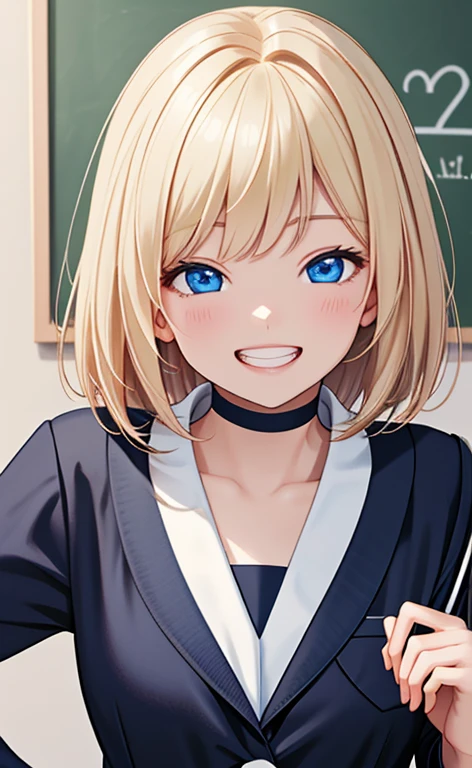 (realistic:1.4、masterpiece、top-quality、8k size wallpaper、offcial art)、(portrait,upper body:1.6)、(1girl),(grin,Open mouth:1.3),(half closed eyes),cute face,blue eyes、()、
,(stand),(Shining smile),(round face:1.3),
,(slender),(school uniform),(long fluorescence blonde hair1.3), (small breasts)、
、fluorescence、classroom,JK、