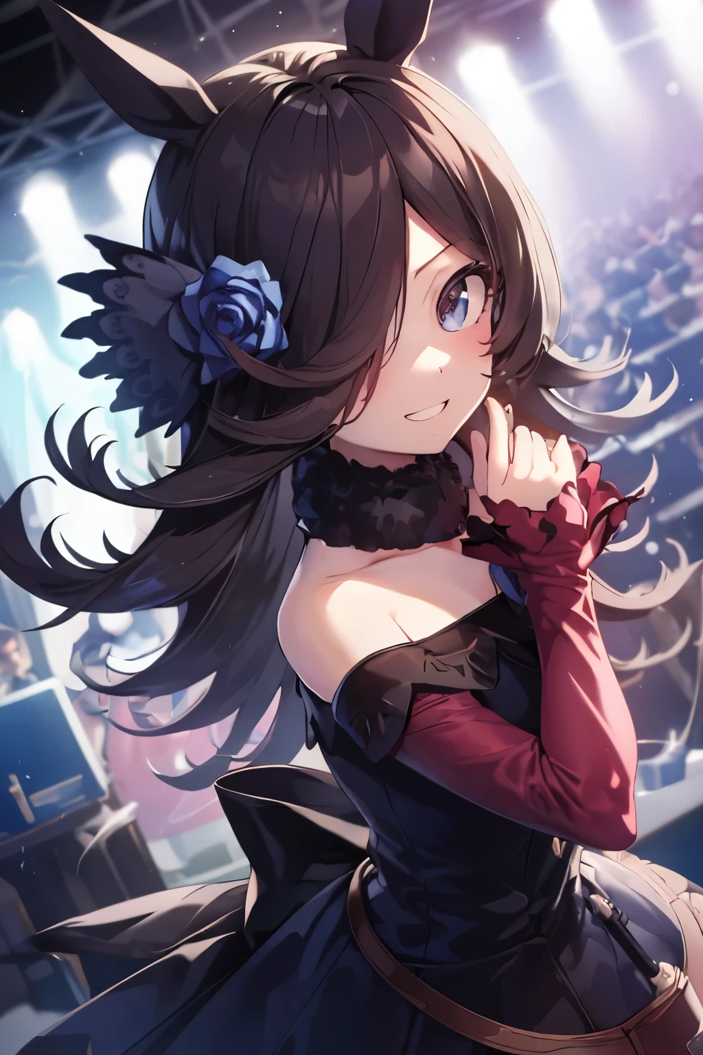 (table top.highest quality).(dynamic angle). (CG painting with very impressive details),(perfect image)、comic strip.shape.1 girl.detailed face、perfect face.delicate face、A girl in a delicate uniform、rough skin、black hair.length、(Umamimi Girl)Umamimi Girl、((beautiful blue eyes)).delicate and beautiful eyes、fine eyes、reflected eyes、smile.(look at the audience:1.3).(face is a little red:0.8)、8k wallpaper、cowboy shot、reflected light、most detailed、Complex、delicate background、rough skin、fine skin、(super resolution)、wearing a uniform