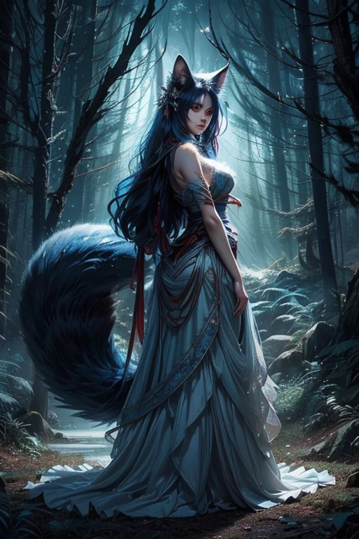 Intriguing fox spirit with mesmerizing eyes, ethereal beauty, and an air of mystique. Delicate fur patterns cascade in rich hues while the tails gracefully sway. Captivating forest background with enchanting lighting, evoking a sense of otherworldly magic.+"