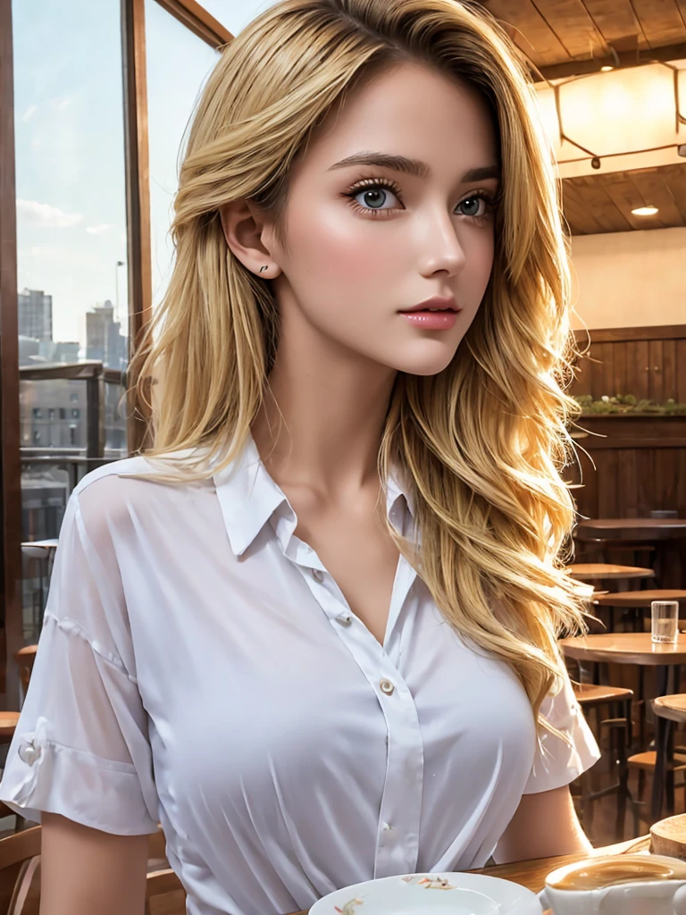 (best image quality, 8K,32k,masterpiece, UHD:1.2),Raw photo,(genuine:1.4),1 female,20 year old beauty,((Anna Nikonova:0.8),(emma watson:0.5)),(medium hair:1.3),shiny hair,(blonde:1.4),(very beautiful face, beautiful lips, beautiful eyes), face with intricate details, side view,early morning light,(Cafe:1.5