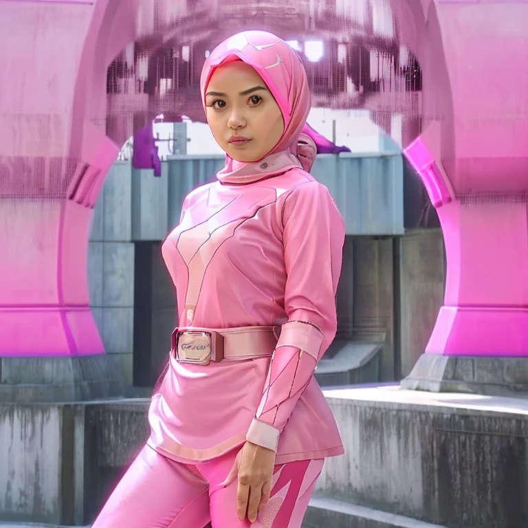 1girl. Indonesian. Hijab. Pink Ranger from power ranger movie