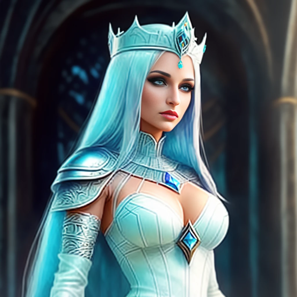 a close up of a woman in a white dress with blue hair, portrait of an elf queen, alluring elf princess knight, epic fantasy art style hd, beautiful and elegant elf queen, queen of ice and storm, elf queen, epic fantasy art style, digital 2d fantasy art, ice queen, ice sorceress, detailed digital 2d fantasy art