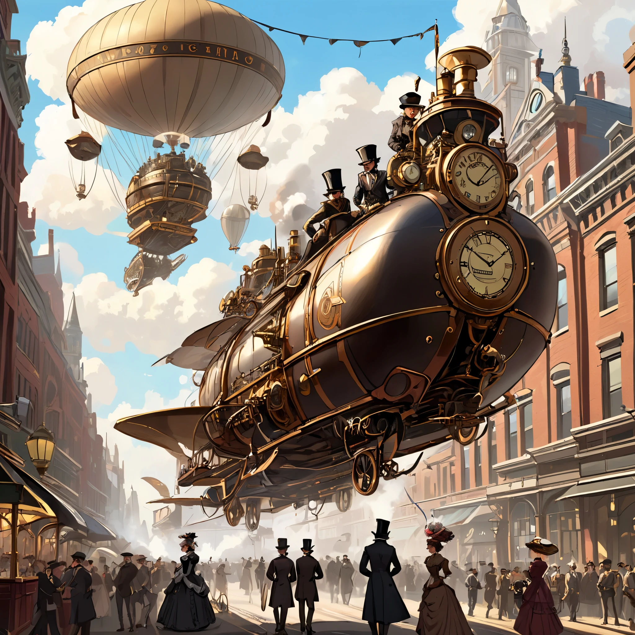 A Victorian-era city filled with intricate clockwork machinery and steam-powered contraptions, with airships soaring overhead and citizens dressed in elaborate neo-Victorian fashion, inspired by the works of K.W. Jeter and James Blaylock.