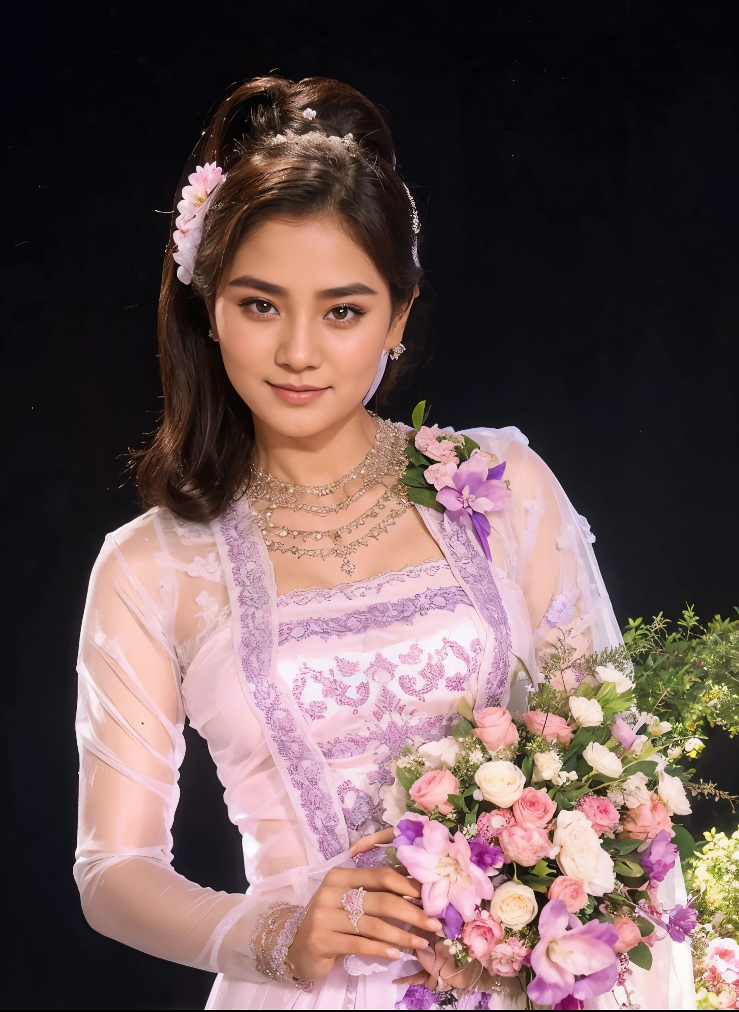Myanmar wedding dress, long hair , whole body , lace transparent dress , sex post