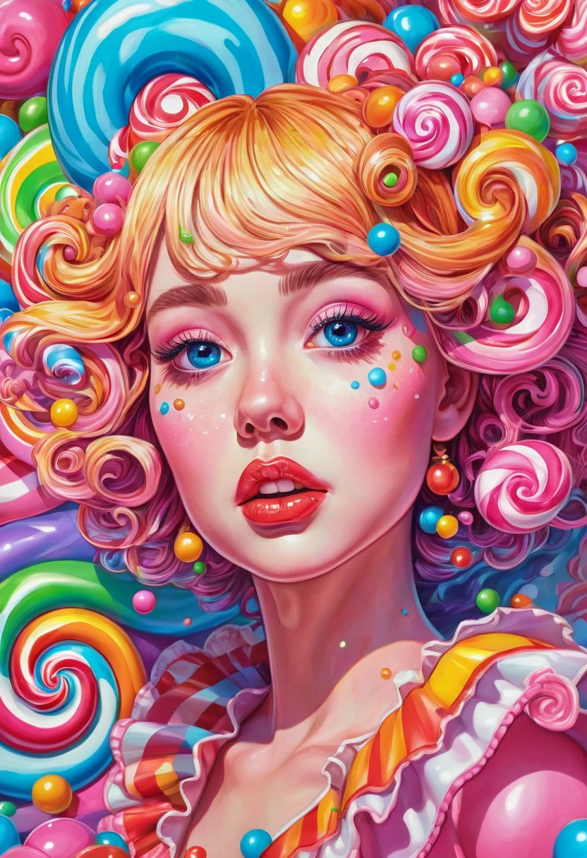 1girl, Candyland, aesthetic, vibrant colors Candyland wonderland gouache swirls detailed Candy art style! Whimsical playful colorful! candy!!! 🍬🍭 Candyland art!! “Hyperrealistic hyperdetailed highly detailed, digital illustration” postmodernism, artstation, poster art, dynamic lighting, cel-shaded, ray tracing reflections