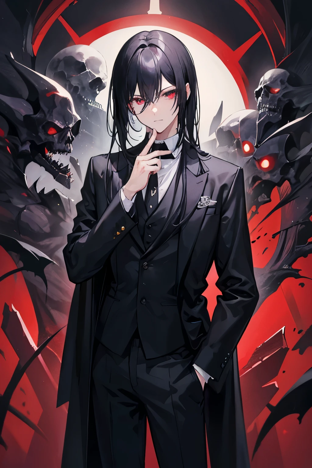 a guy with mid-length, black hair. his hair is parted down the middle and is groomed. he wears formal attire in all black. he has a confident look and appears to be intelligent. his eyes are red. he is lean and tall. he is in the underworld, surrounded by demons and skulls.