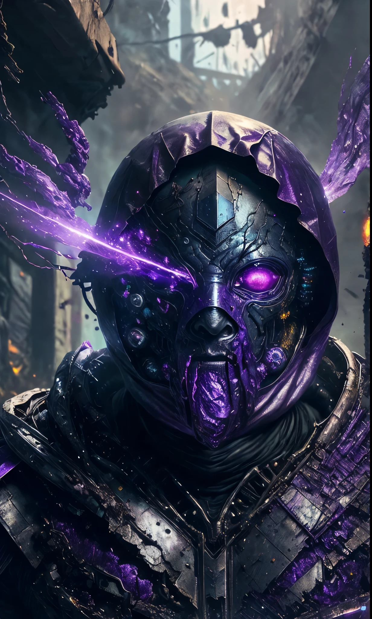 breathtaking cinematic science fiction photo of a portrait of a non human masked Grim wrapped in purple chrome metal skin, body full glowing metrics inside, glowing multicoloured eyes, multifaceted eyes, metallic arms, inside a destroyed building, extremely menacing creature, highly detailed, award-winning