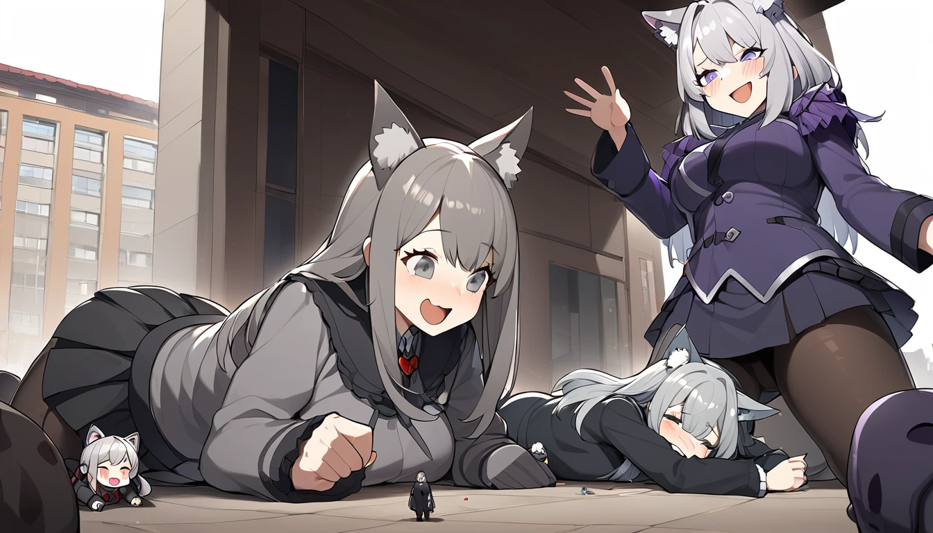Two huge,Two age girls,short skirt,teasing,Two giant girls taller than the building,Those who wear pantyhose,Lying on his stomach,Face down,arrogant,Laughing,Toyed around,shrouded in the villain,,There are a lot of little people around,arrogant巨大的,gray hair,Gray cat ears,Two teengirls,short skirt,Teasing the villain,Two giant girls taller than the building,arrogant
