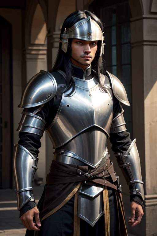 Male human, Indian, slim, toned, long black hair, hazel-green eyes. Wearing steel full-plate armor with helm.