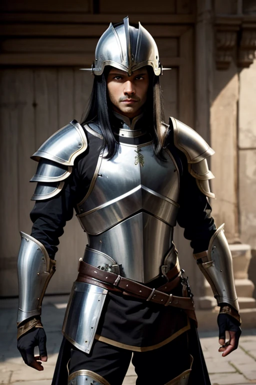 Male human, Indian, slim, toned, long black hair, hazel-green eyes. Wearing steel full-plate armor with helm.