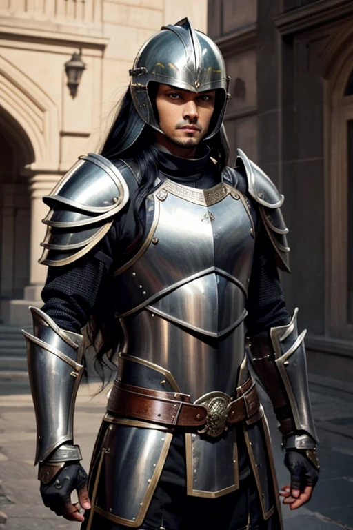 Male human, Indian, slim, toned, long black hair, hazel-green eyes. Wearing steel full-plate armor with helm.