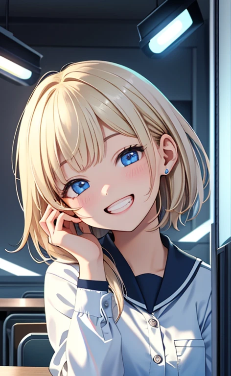 (realistic:1.4、masterpiece、top-quality、8k size wallpaper、offcial art)、(portrait,upper body:1.6)、(1girl),(grin,Open mouth:1.3),(half closed eyes),cute face,blue eyes、(stretch out your index finger)、
,(stand),(Shining smile),(round face:1.3),
,(slender),(school uniform),(long fluorescence blonde hair1.3), (small breasts)、
、fluorescence、classroom,JK、