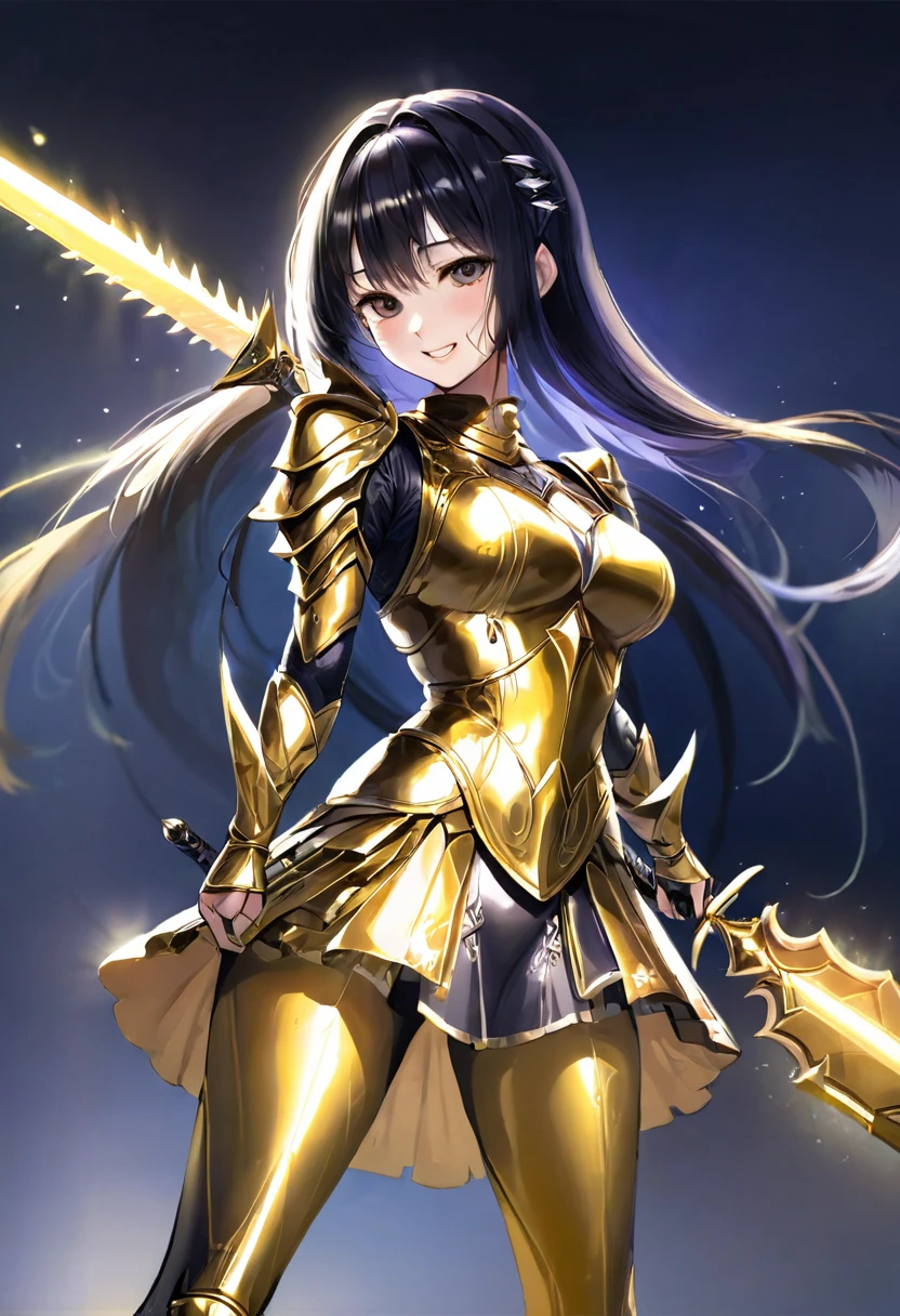 ((highest quality)), ((masterpiece)), (get used to it), perfect face, shoulder length black hair、28 year old female。Clad in dazzling golden armor、smile gently。 '. She holds a large sword as tall as her height in both hands and prepares for battle.、A bright light shines from behind, Envelops the entire body.