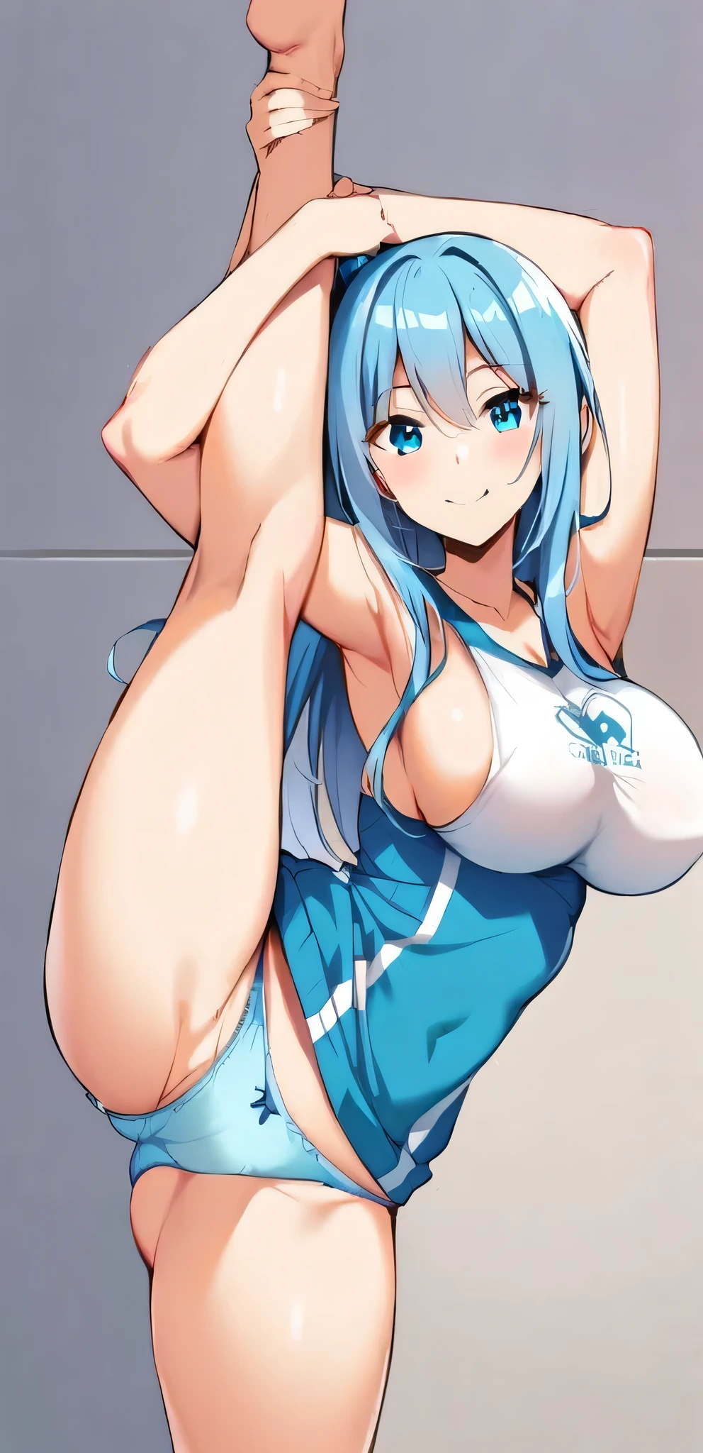 E-cup breast, long hair, ponytailed hair, blue hair, just blue panties, no bra, smile, standing_split