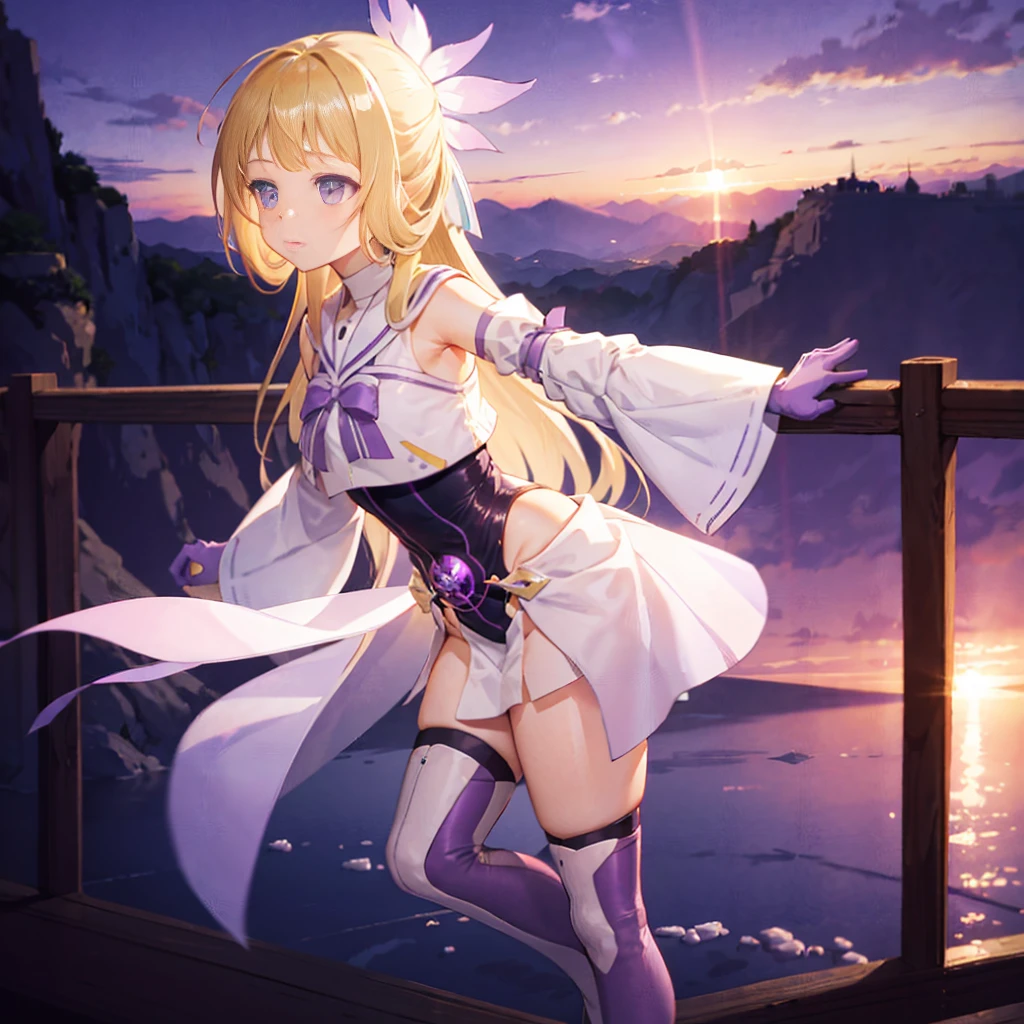 (Very detailed CG), (highest quality), 1 girl,alone, gray eyes,long hair, blonde hair,purple dress,Wide white sleeves,purple ribbon,purple stockings,hair ornaments,bare shoulders,removed sleeve, black gloves, dull bangs, Magical girl, perfect face,  shiny skin, Glossy skin, wide hips,tight waist,leotard，heel boots，elbow bag,1 girl, long hair, sunset，Octans