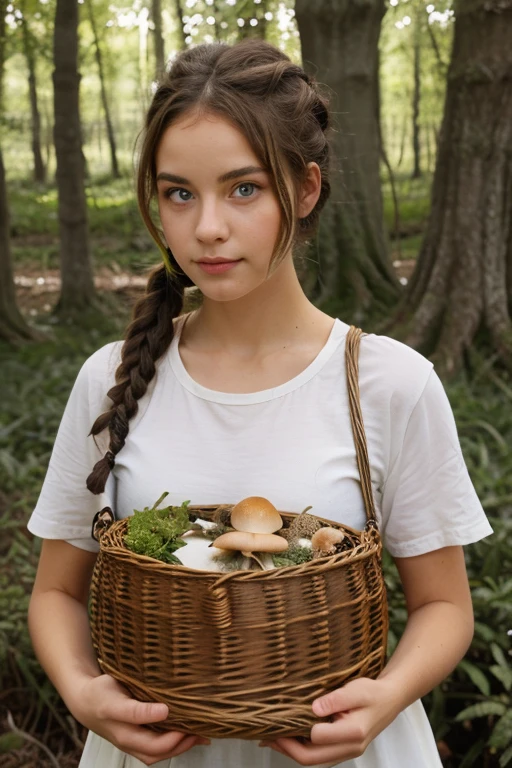 Garota de  anos que tem um cabelo castanho , Well curly and long he has leaf-green eyes and is wearing a ponytail as a hairstyle. No fundo tem um lago, collecting mushrooms in the woods, carrying a wicker basket 