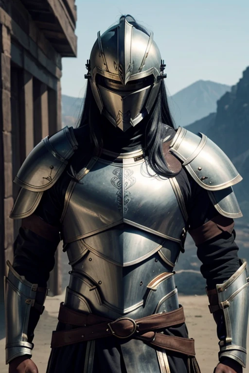 Male human, Indian, slim, toned, long black hair, hazel-green eyes. Wearing steel full-plate armor with helm.