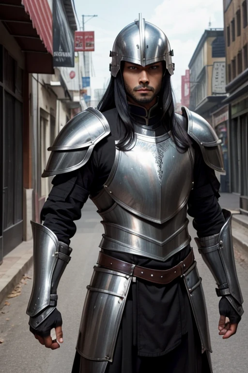 Male human, Indian, slim, toned, long black hair, hazel-green eyes. Wearing steel full-plate armor with helm.