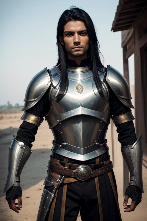 Male human, Indian, slim, toned, long black hair, hazel-green eyes. Wearing steel full-plate armor with helm.