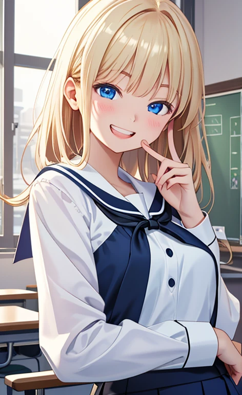 (realistic:1.4、masterpiece、top-quality、8k size wallpaper、offcial art)、(portrait,upper body:1.6)、(1girl),(grin,Open mouth:1.3),(half closed eyes),cute face,blue eyes、(stretch out your index finger:1.3)、
,(stand),(Shining smile),(round face:1.3),
,(slender),(school uniform),(long fluorescence blonde hair1.3), (small breasts)、
、fluorescence、classroom,JK、