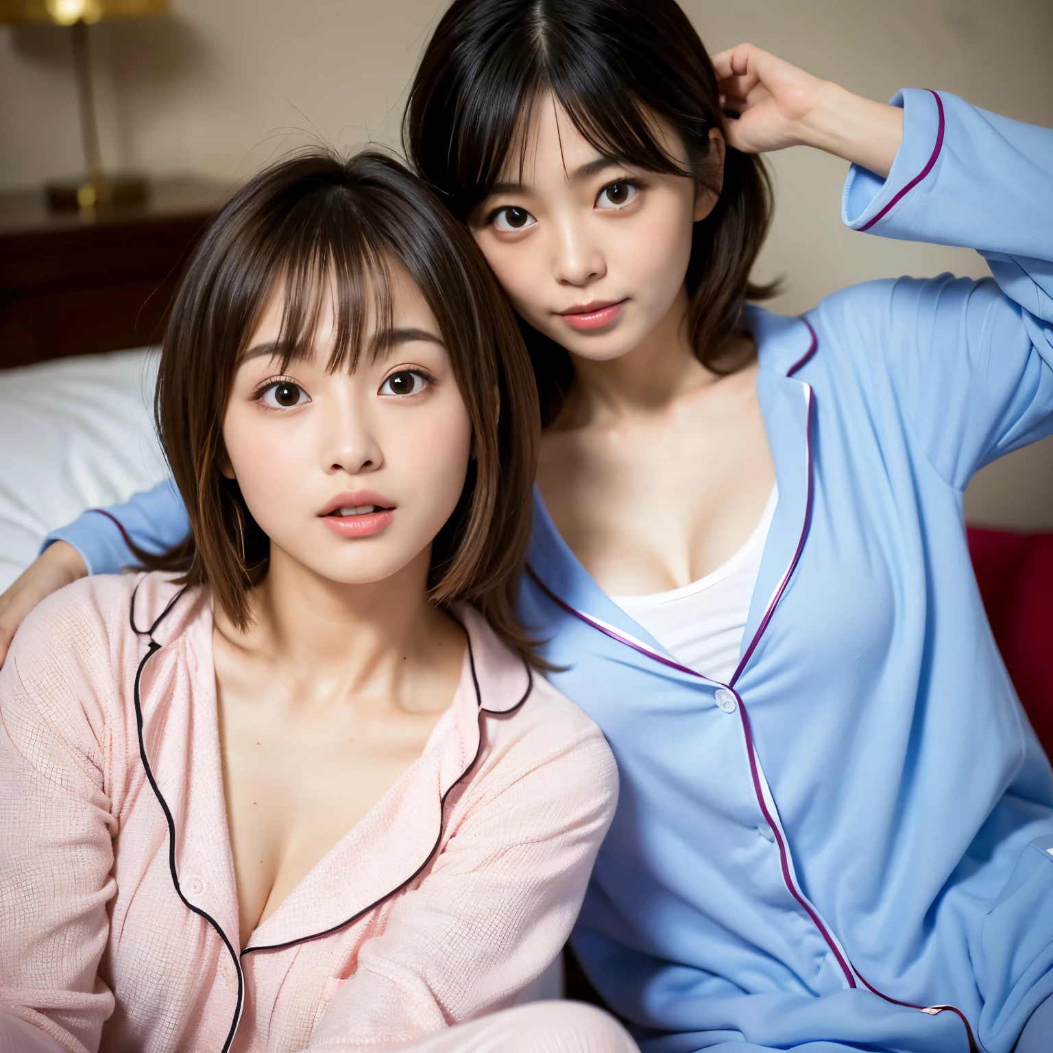 Best-quality, Masterpiece, Ultra-High-Resolution, (Photorealistic:1.4), Raw-Photo, on bed, lesbian-couple of 1-girl and 1-woman, (1-girl, 15-years-old, The most famous Japanese idol, extremely beautiful short-cut-haired, extremely cute and extremely childish face, extremely cute big-eyes, wearing only pajamas with cute-design), (1-woman, 35-years-old, The most famous Japanese actress, extremely beautiful long-hair, extremely beautiful face, extremely beautiful big-eyes, wearing only pajama with stylish-design), twinkle-smile