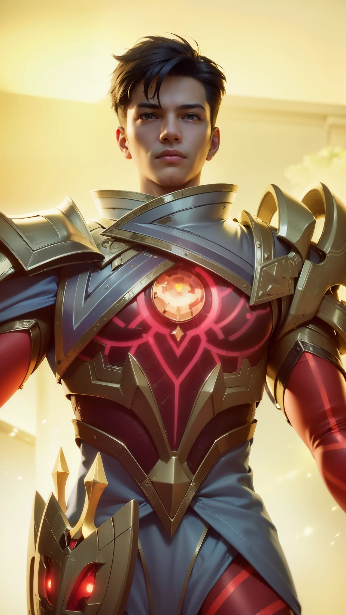 a close up of a boy in a suit with a glowing light, 8 k hd wallpaperjpeg artifact, 8k hd wallpaperjpeg artifact, artgerm detailed, fantasy rpg symmetrical portrait, paladin golden armor, guildwar artwork, extremely detailed artgerm, kaladesh concept art. mechanical, dressed in light armor, masterpiece, ((perfect eyes)) best quality, (semirealism:1.9), beautiful lighting, (extremely detailed CG unity 4k fhd wallpaper), High Detail, Sharp focus, dramatic outdoors, 1 boy ,19 years, light yellow eyes, 8k, ultra hd, ultra detailed texture, hyper realistic, masterpiece, detailed texture, detailed face, detailed skin, detailed lighting, (photorealistic:1.5), best quality, beautiful lighting, cinematic lighting, professional lighting, ultra highres, realistic, detailed hair, real hair, high quality, (realskin:1.5), extremely detailed, finely detail, ultra-detailed