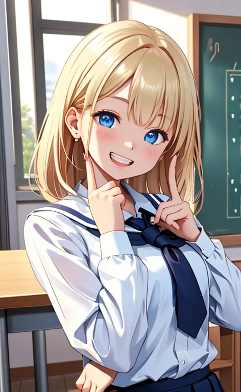 (realistic:1.4、masterpiece、top-quality、8k size wallpaper、offcial art)、(portrait,upper body:1.6)、(1girl),(grin,Open mouth:1.3),(half closed eyes),cute face,blue eyes、(stretch out your index finger:1.4)、
,(stand),(Shining smile),(round face:1.3),
,(slender),(school uniform),(long fluorescence blonde hair1.3), (small breasts)、
、fluorescence、classroom,JK、