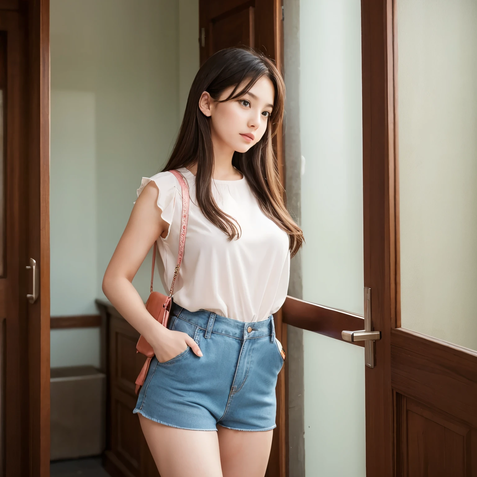 A girl in short shorts and long blouse