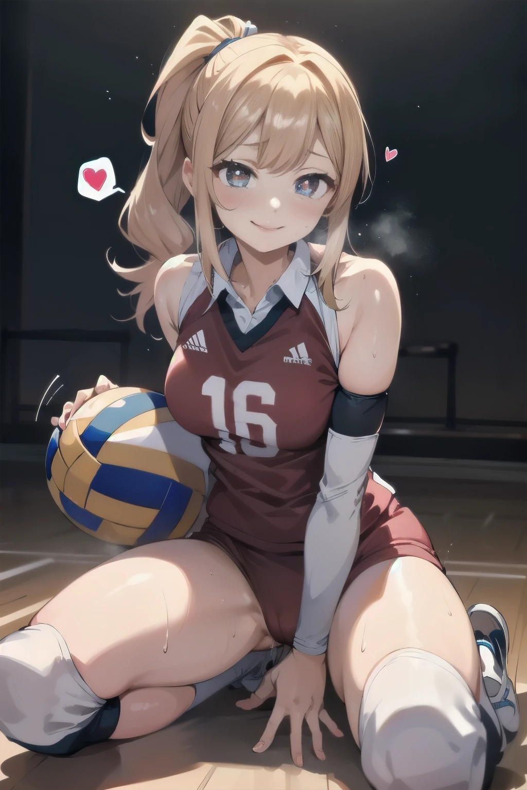 unity 8k wallpaper, anatomically correct, (((masterpiece))), (((best quality))), (((ultra detailed))), (((high-resolution))), ((Ultimate cutie)), perfect hands, perfect finger, (((good anatomy))), detailed beautiful face, shiny hair, (((gyaru))), (potbelly), (curvy), medium breasts, ((Thick thighs)), (((solo))), ((seductive smile)), (((blush))), (Eyes are heart marks), (heart shaped pupils), ((trembling)), 
BREAK, (((sit astride the perfectly spherical shape 6-inch volleyball))), (((Straddling a perfectly spherical 6" volleyball))), (((Perfectly spherical 6" volleyball fits perfectly crotch))), BREAK, (((Rub the  Perfectly spherical 6" volleyball against crotch))), (masturbation), 
BREAK, adidas, (Collared volleyball uniforms), sleeveless, ((buruma)), ((kneepad)), ((pussy juice stained)), (elbow pad), (((sweat))), (((covered in sweat))), ((deep breathing)), in Volleyball Court, indoor, lighting,  looking at viewer, full body, (spoken heart)