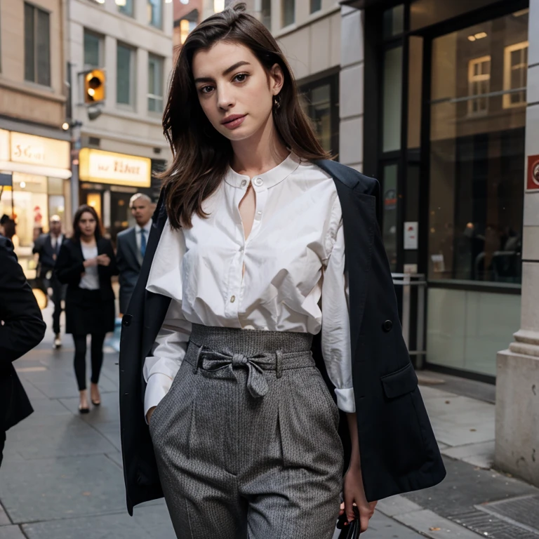 Daisy Ridley dressed in dress shirt with bow and pants smiling wearing large earrings