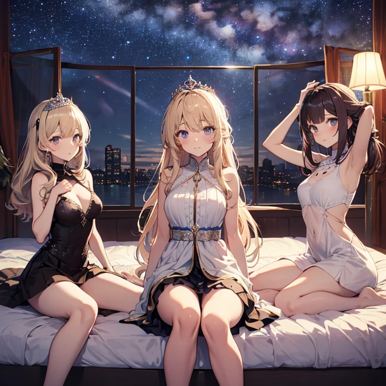 A group of young princesses, (in bedroom), various hair styles, harem, wearing royal dress, night, details face, , short skirt, seducing, sleeveless , showing armpits, night, starry night