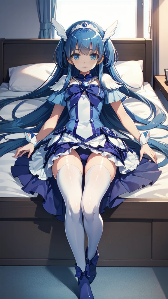 (Very detailed CG), (highest quality), 1 girl, perfect face,  cure beauty，shiny skin, Glossy skin, wide hips,tight waist,leotard，bangs,blue eyes,heel boots，Thighhighs，elbow bag,1 girl, long hair, lying on the bed, indoor,